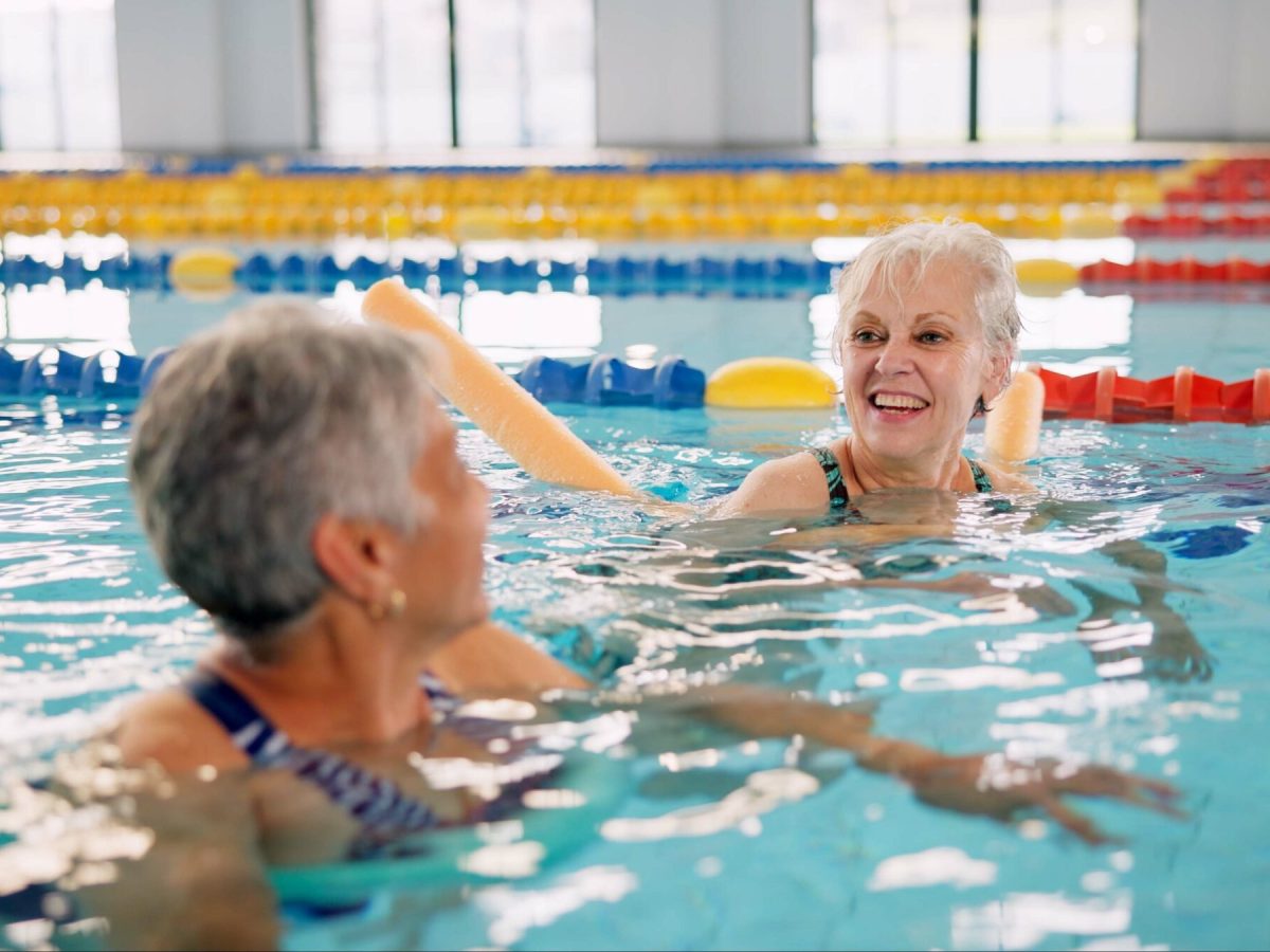 Smile,,Training,And,Mature,Women,In,Swimming,Pool,For,Exercise,